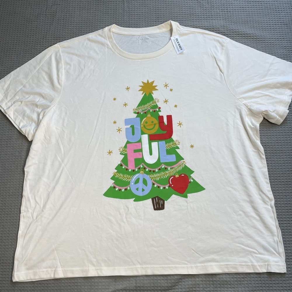 New Old Navy Christmas Tee Shirt XXXXL 4XL Womens Joyful Cream Tree Peace